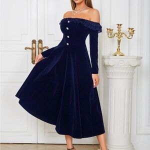 SHEIN Navy Blue Off-Shoulder Long Sleeve Dress